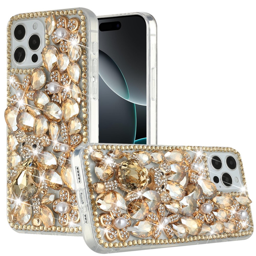 for iphone 16 pro max 6.9 inch full diamond with ornaments hard tpu case cover gold panda floral