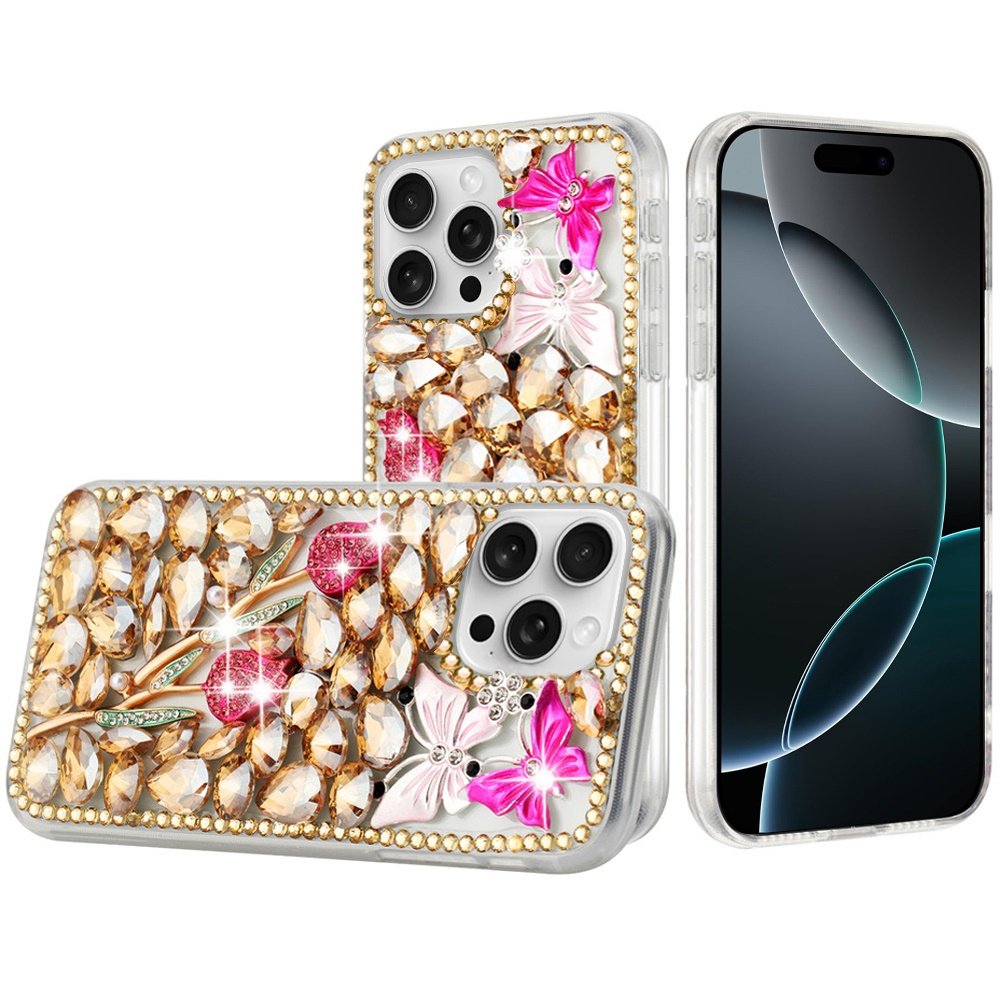 for iphone 16 pro max 6.9 inch full diamond with ornaments case cover gold exquisite garden