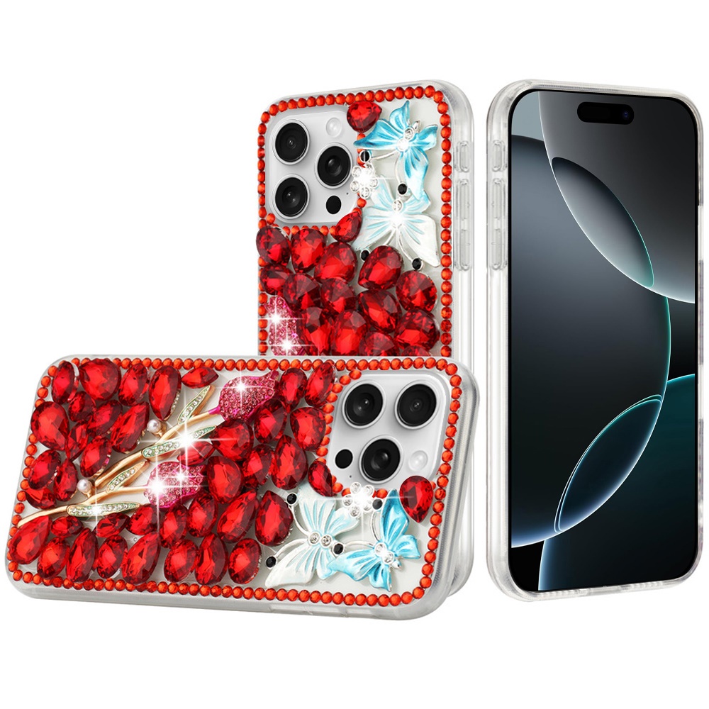 for iphone 16 pro max 6.9 inch full diamond with ornaments case cover red exquisite garden