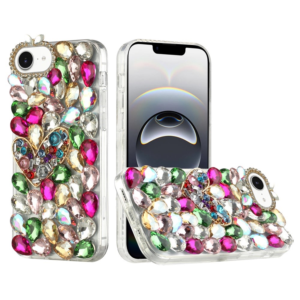 for iphone 17e / 16e / se4 full diamond with ornaments hard tpu case cover colorful ornaments with heart
