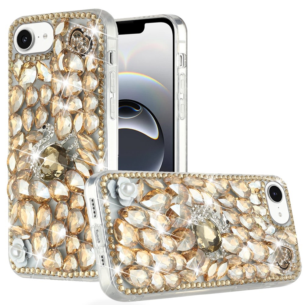 for iphone 17e / 16e / se4 full diamond with ornaments hard tpu case cover gold swan crown pearl