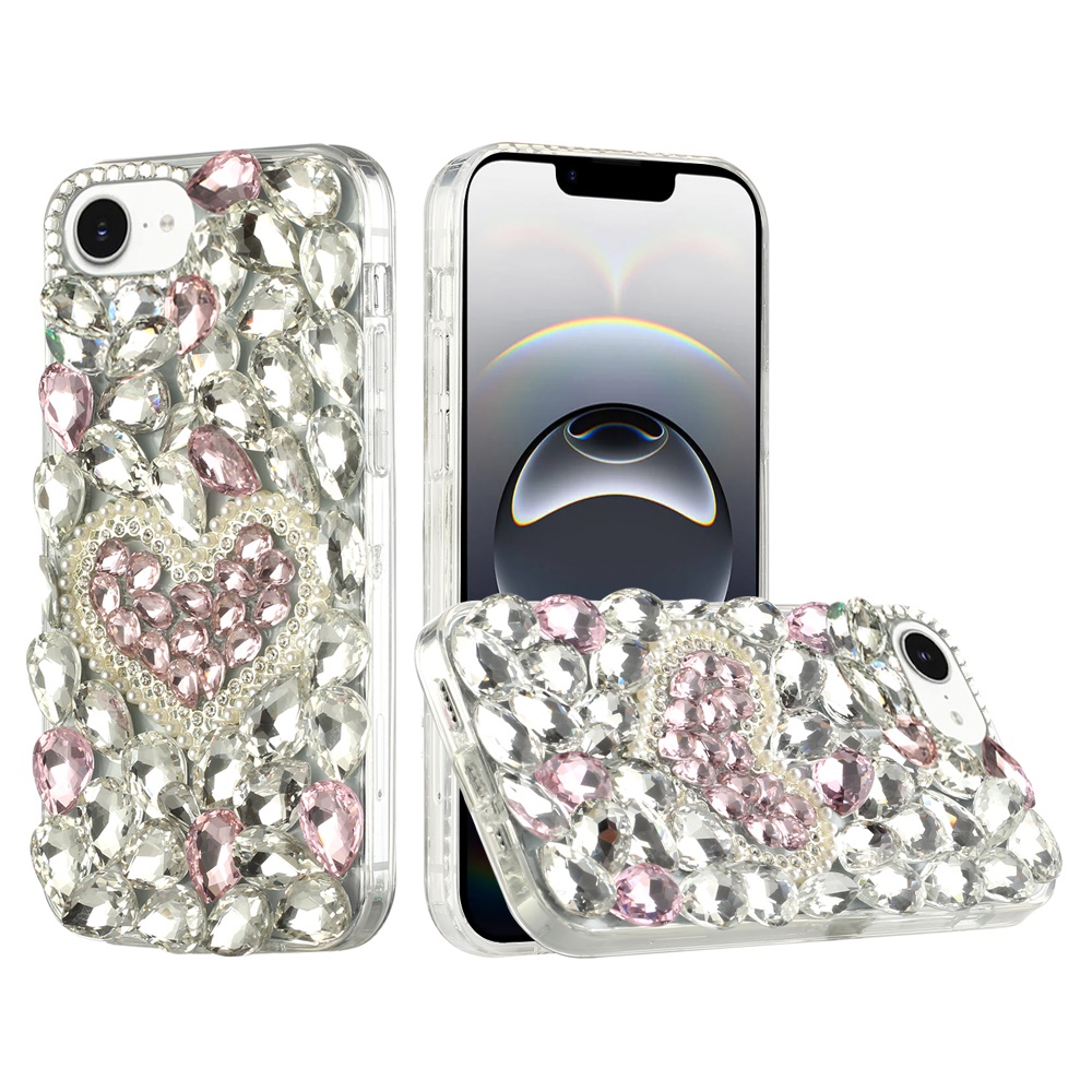 for iphone 17e / 16e / se4 full diamond with ornaments hard tpu case cover hearty pink pearl heart