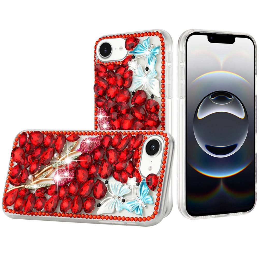 for iphone 17e / 16e / se4 full diamond with ornaments case cover red exquisite garden
