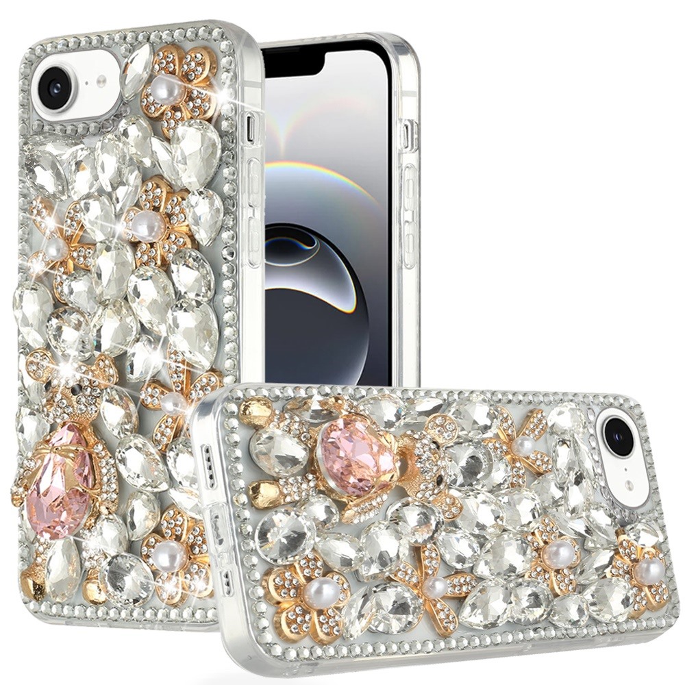 for iphone 17e / 16e / se4 full diamond with ornaments hard tpu case cover silver panda floral