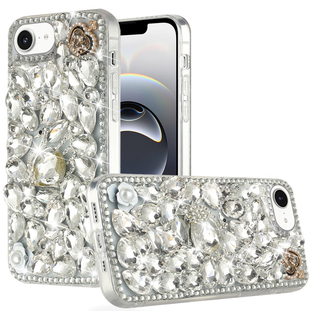 for iphone 17e / 16e / se4 full diamond with ornaments hard tpu case cover silver swan crown pearl