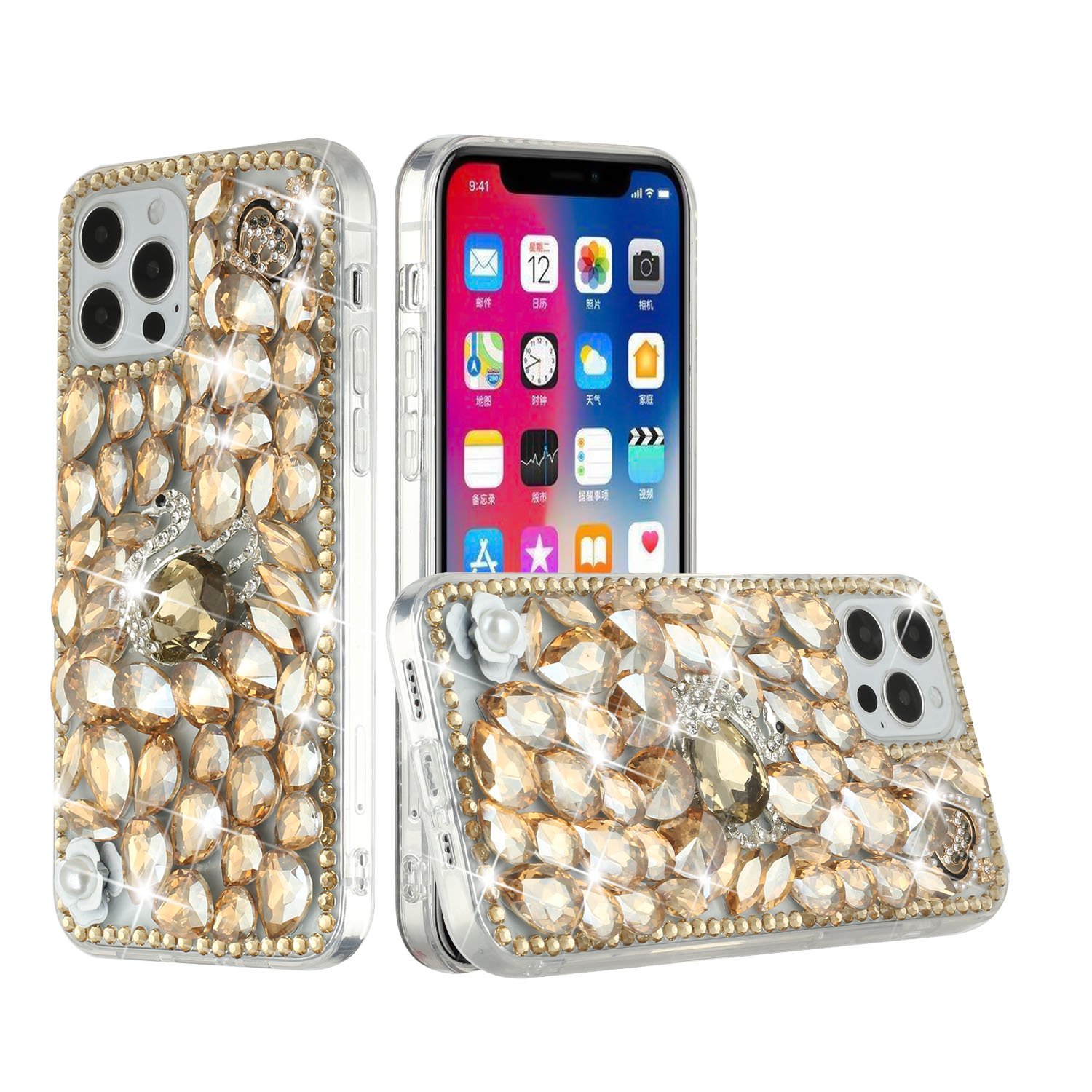 for ip15 pro max full diamond with ornaments hard tpu case cover gold swan crown pearl