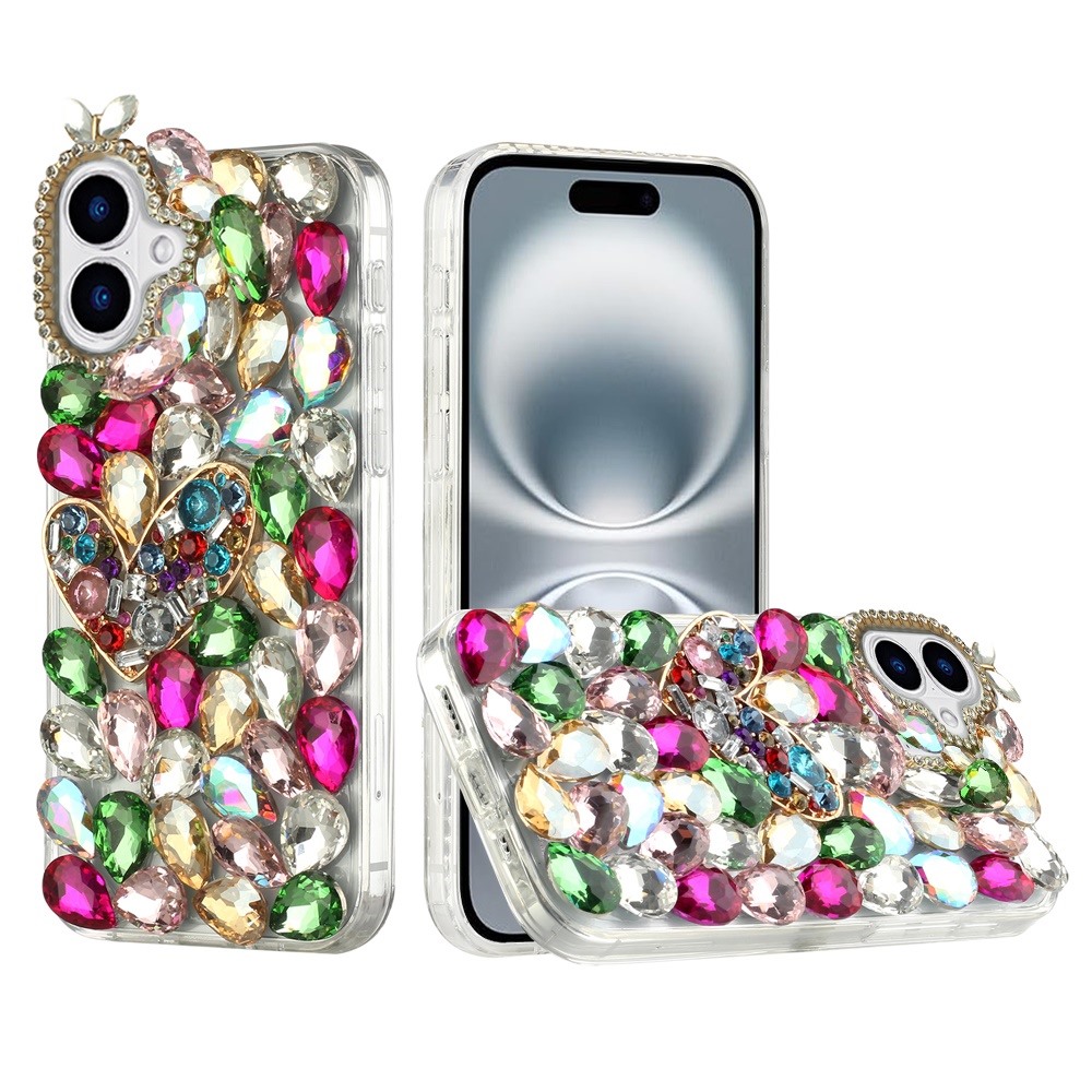 for iphone 16 6.1 inch full diamond with ornaments hard tpu case cover colorful ornaments with heart