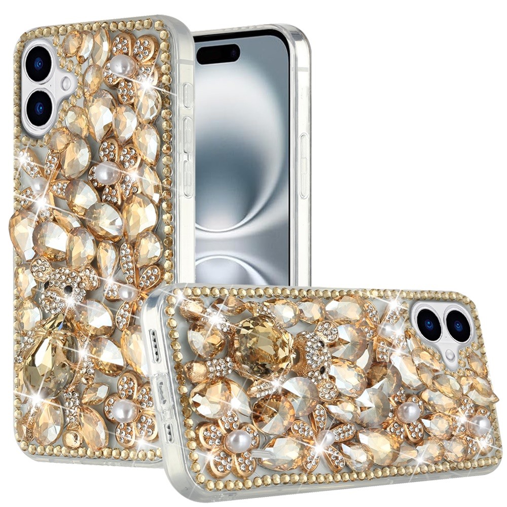 for iphone 16 6.1 inch full diamond with ornaments hard tpu case cover gold panda floral