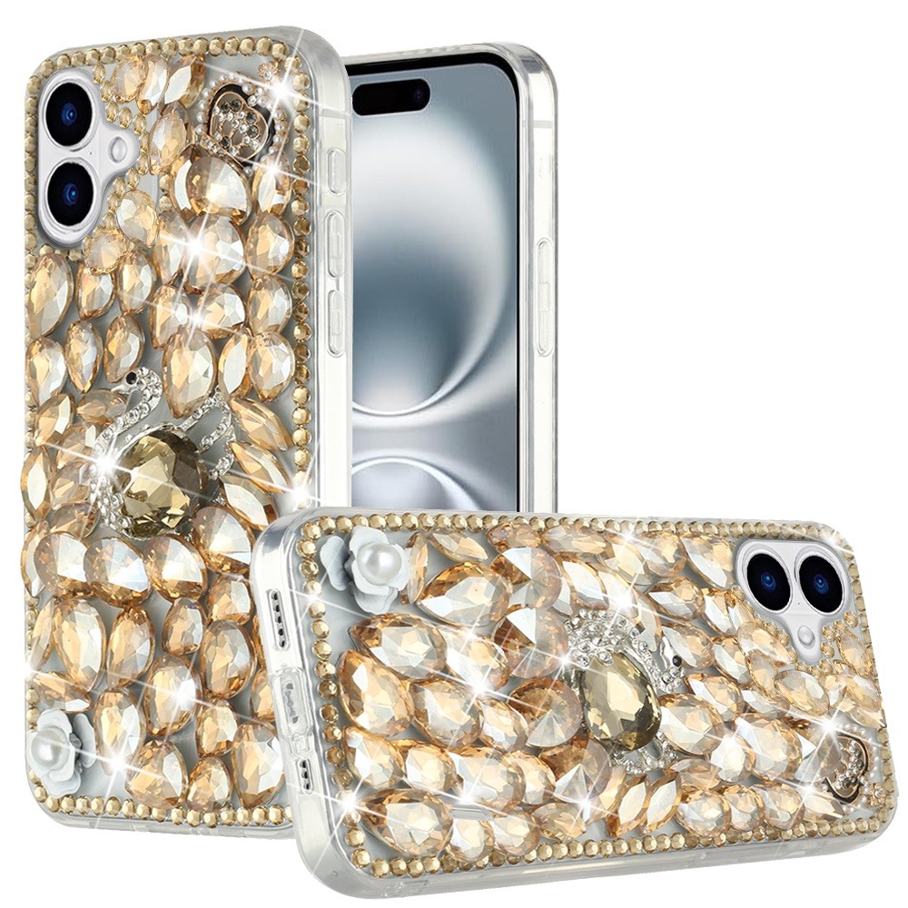 for iphone 16 6.1 inch full diamond with ornaments hard tpu case cover gold swan crown pearl