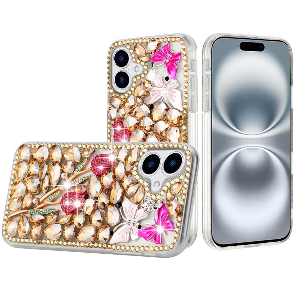 for iphone 16 6.1 inch full diamond with ornaments case cover gold exquisite garden
