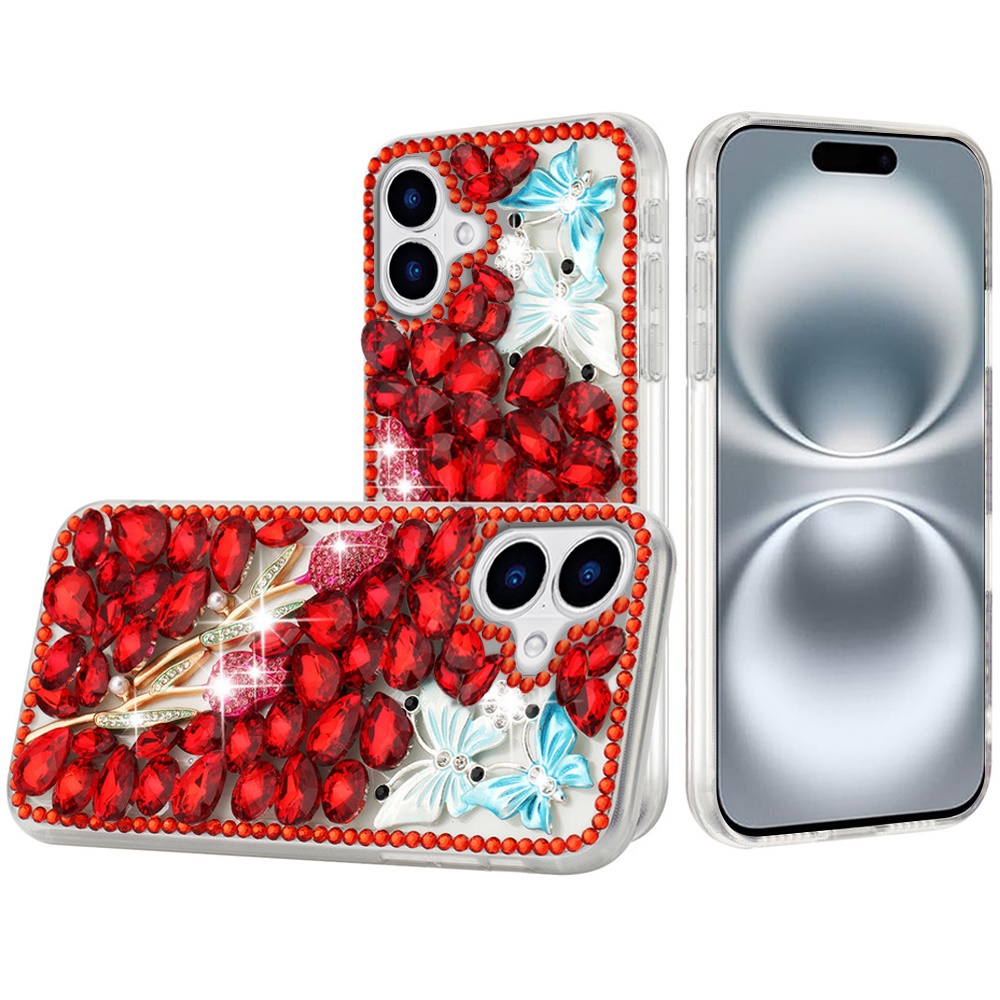 for iphone 16 6.1 inch full diamond with ornaments case cover red exquisite garden