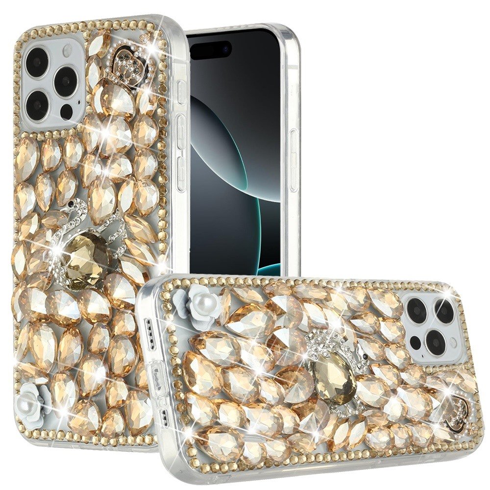 for iphone 16 pro 6.3 inch full diamond with ornaments hard tpu case cover gold swan crown pearl
