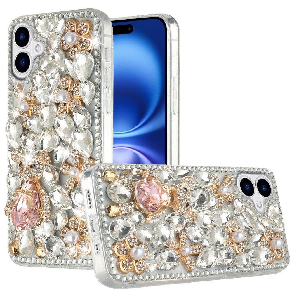 for iphone 17 full diamond with ornaments case cover silver panda floral