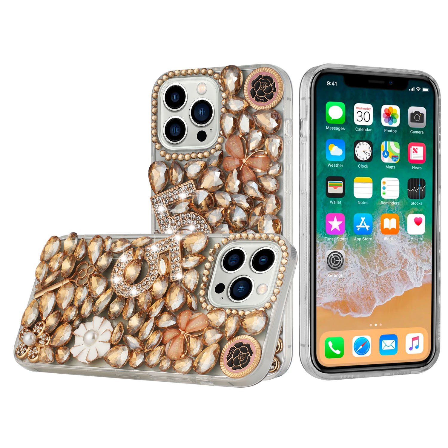 for iphone 15 full diamond with ornaments case cover gold five ornament floral