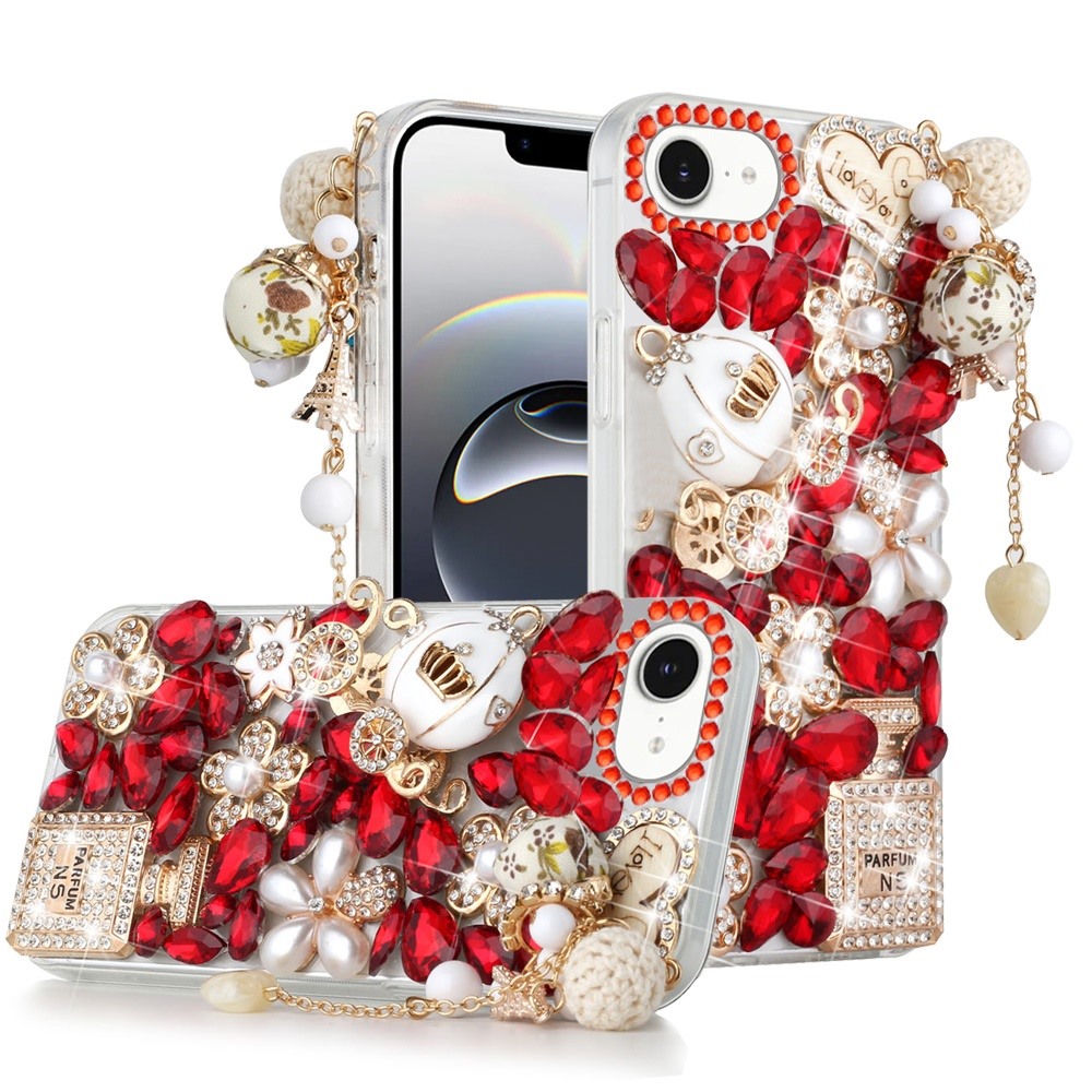for iphone 17e / 16e / se4 full diamond with ornaments case cover ultimate multi ornament red