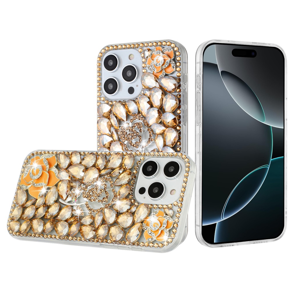 for iphone 16 pro max 6.9 inch floral full diamond bling case cover gold