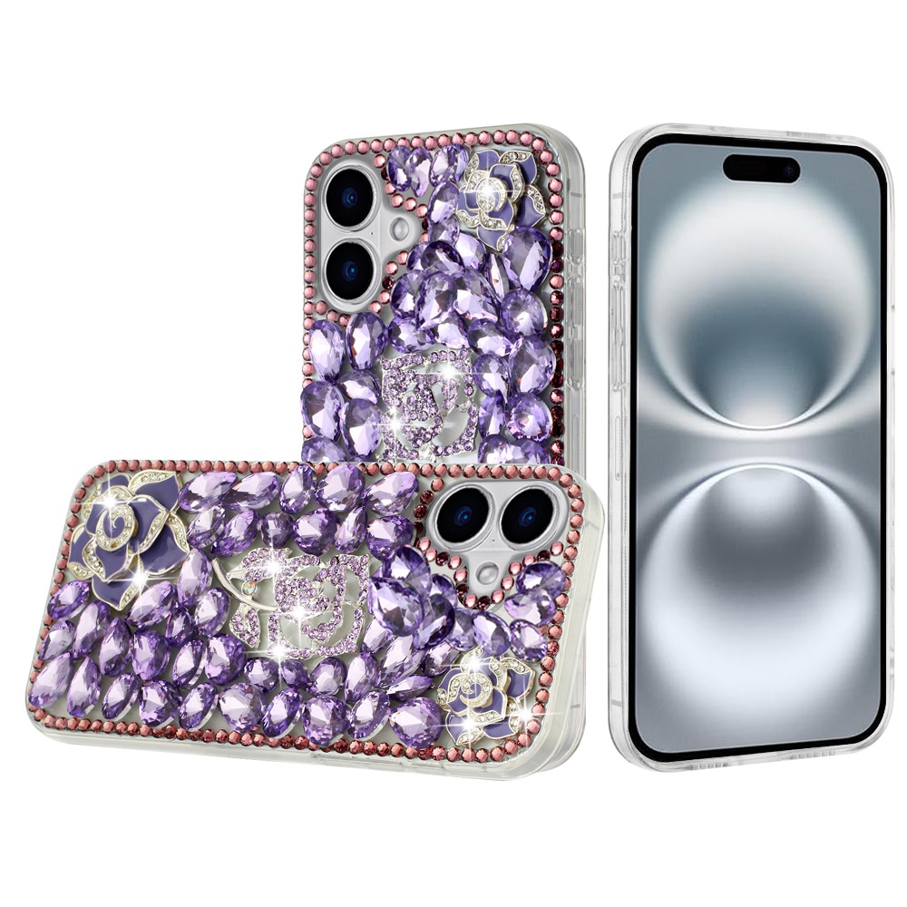 for iphone 16 6.1 inch floral full diamond bling case cover purple