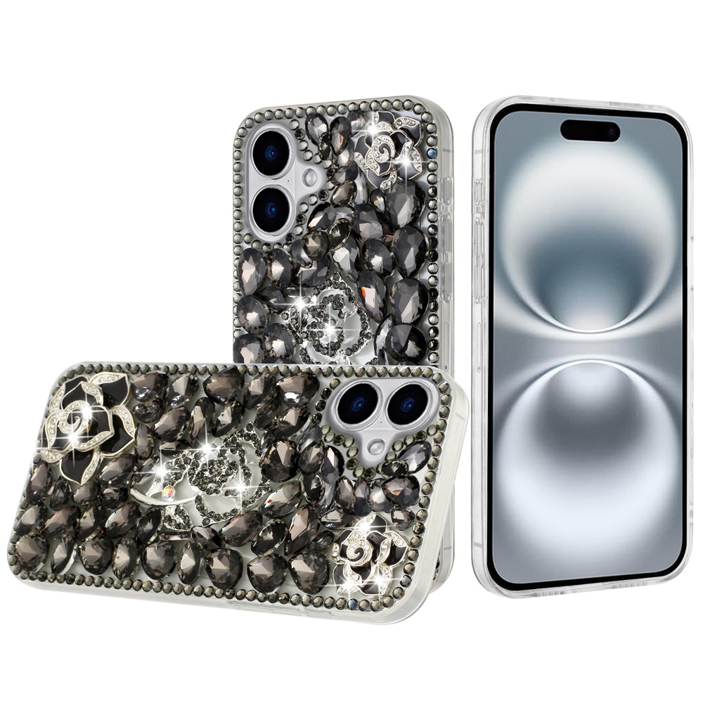 for iphone 16 6.1 inch floral full diamond bling case cover smoke