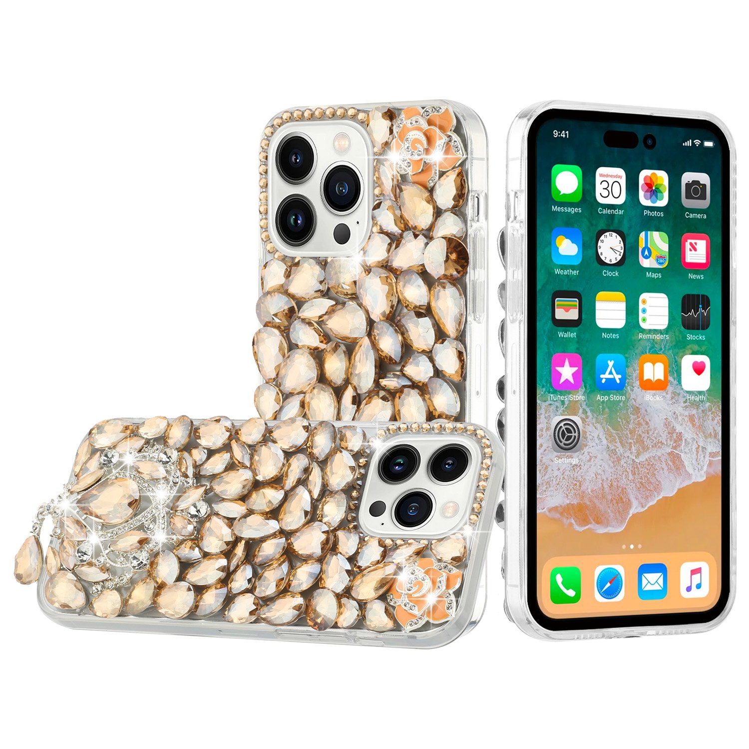 for ip15 pro max jewel full diamond bling case cover gold
