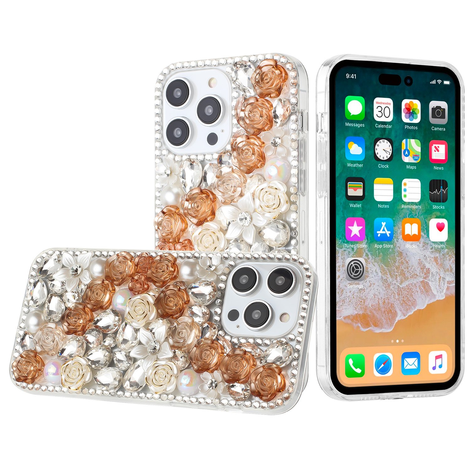 for ip15 pro max rose flower full diamond bling stones gold