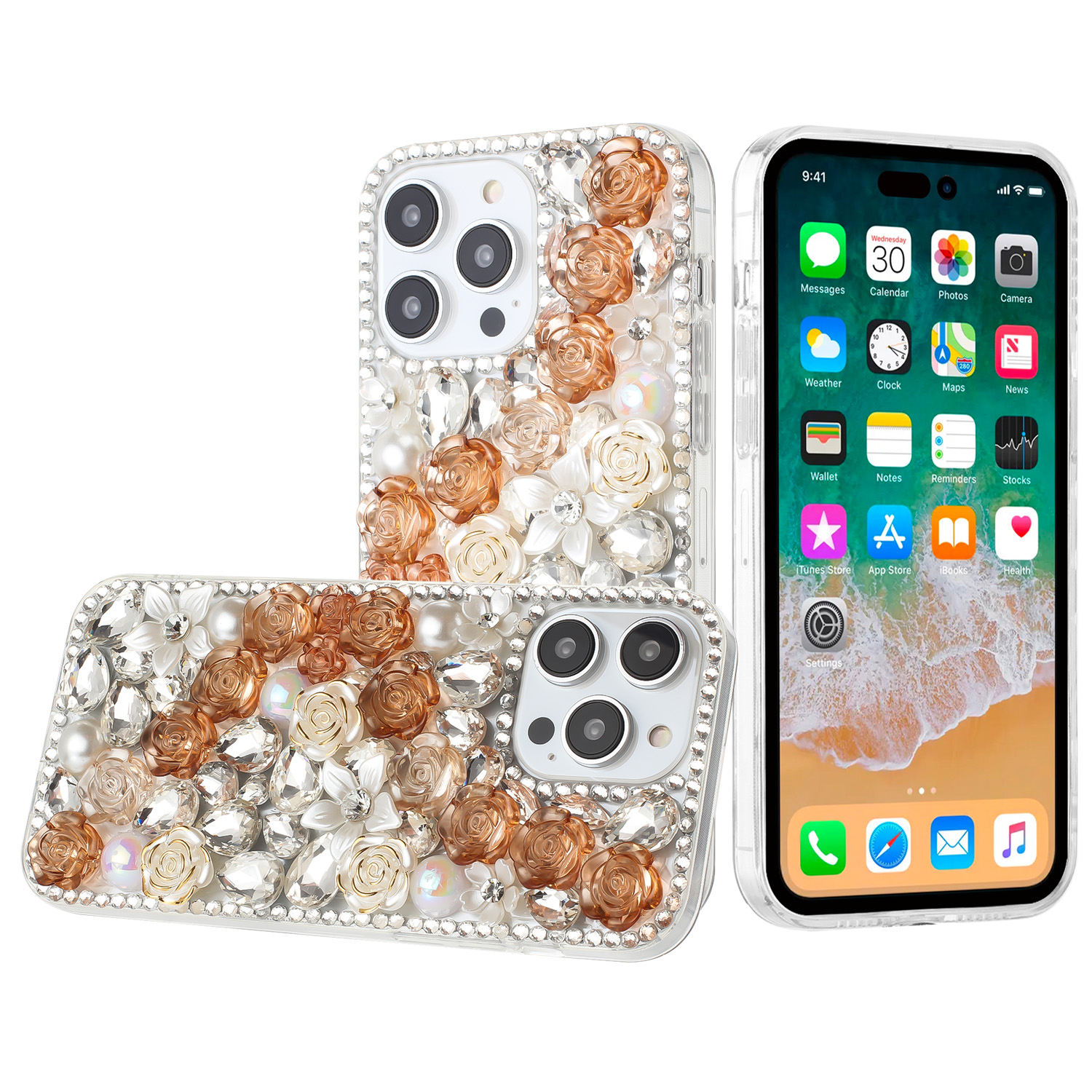 for apple iphone 14 pro max 6.7" rose flower full diamond bling stones gold
