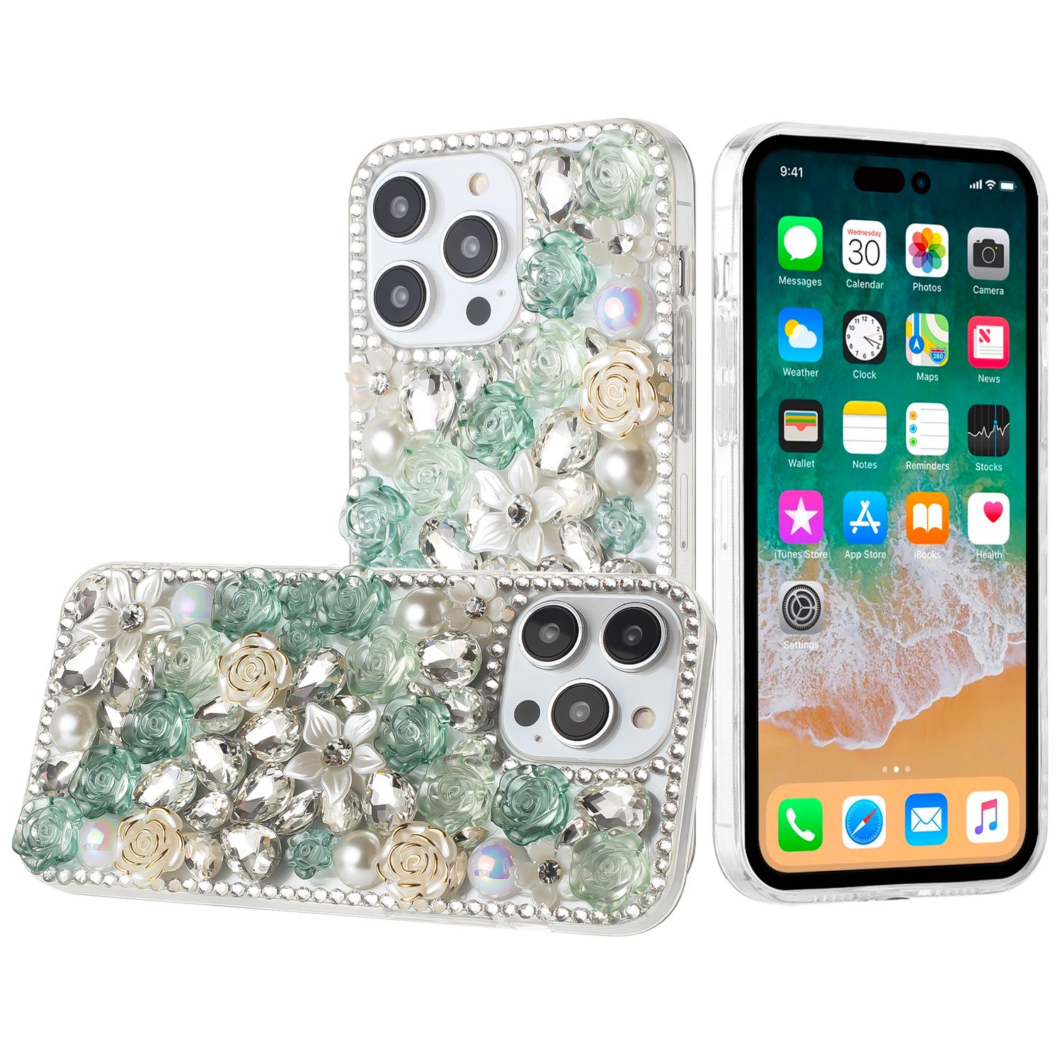 for ip15 pro max rose flower full diamond bling stones green