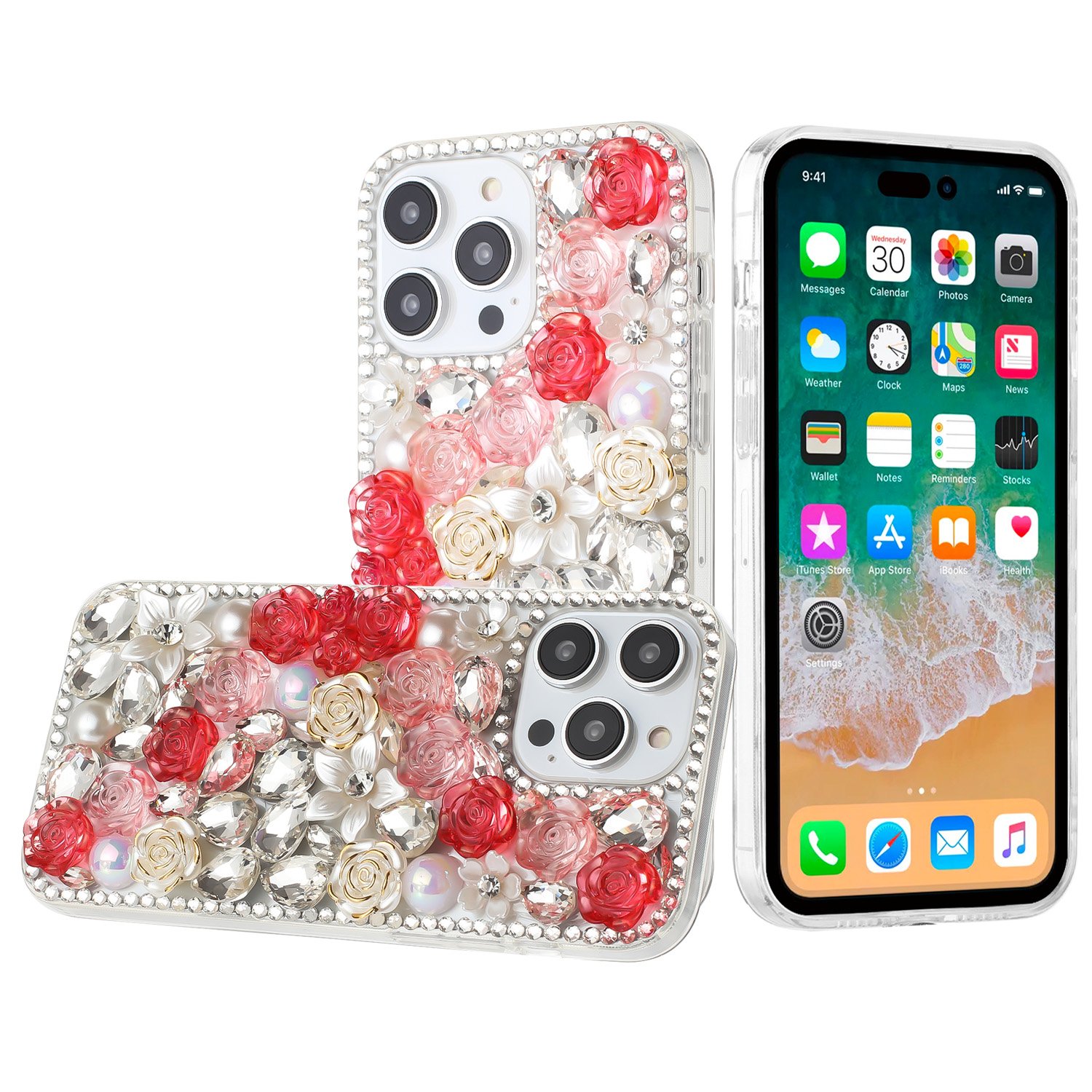 for ip15 pro max rose flower full diamond bling stones red