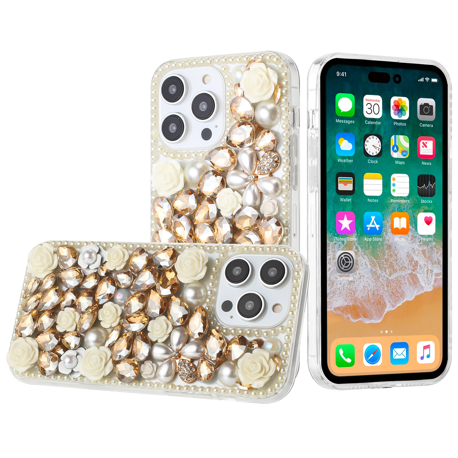for apple iphone 14 pro max 6.7" rose flower full diamond bling stones yellow