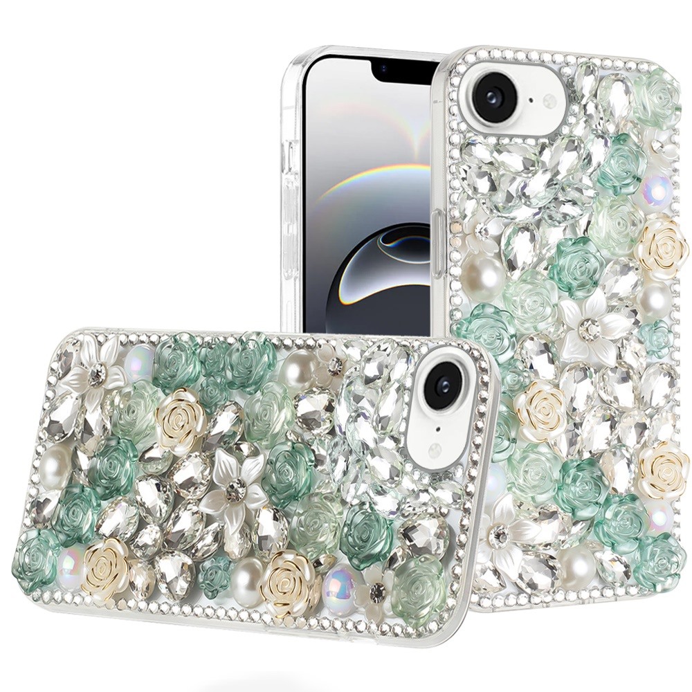 for iphone 17e / 16e / se4 rose flower full diamond bling stones green