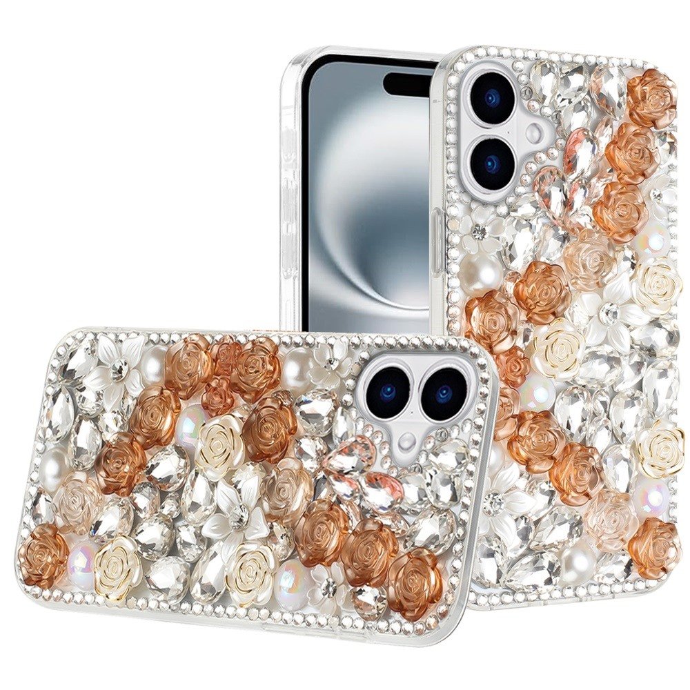 for iphone 16 6.1 inch rose flower full diamond bling stones gold