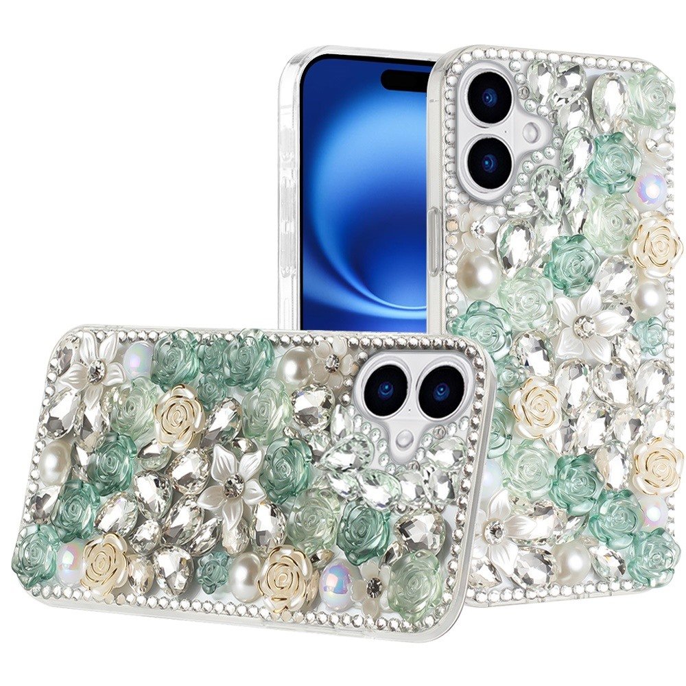for iphone 17 rose flower full diamond bling stones green
