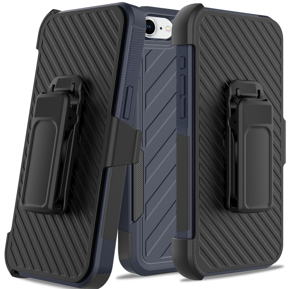 for iphone 17e / 16e / se4 noble lined shockproof dual layer hybrid with holster blue/black
