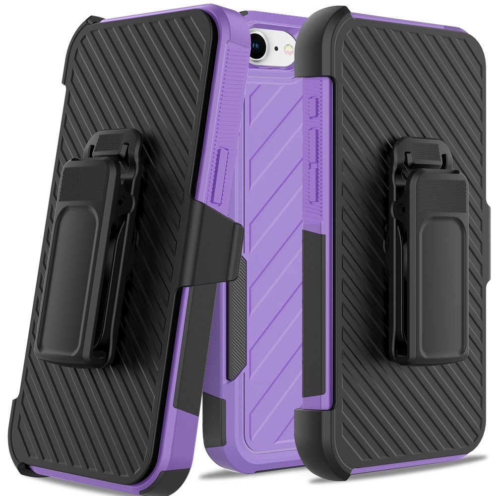 for iphone 17e / 16e / se4 noble lined shockproof dual layer hybrid with holster dark purple/black