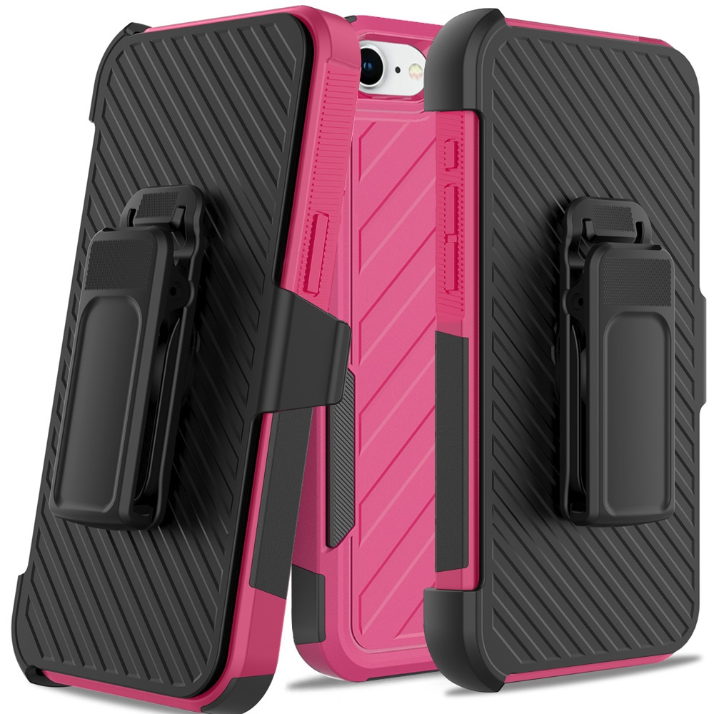 for iphone 17e / 16e / se4 noble lined shockproof dual layer hybrid with holster hot pink/black