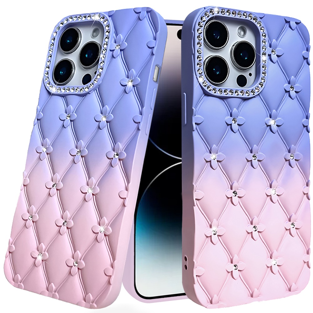 for iphone 14 pro max 6.7" floral joy glitter shimmer leather feel thick tpu case light blue/light pink
