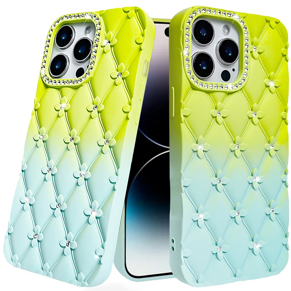 for iphone 14 pro max 6.7" floral joy glitter shimmer leather feel thick tpu case light green/teal