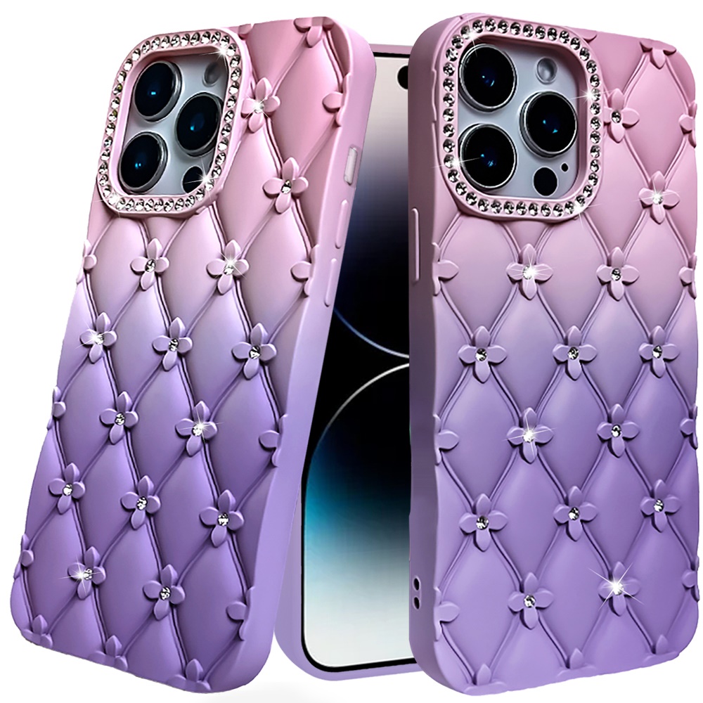 for iphone 14 pro max 6.7" floral joy glitter shimmer leather feel thick tpu case light pink/light purple