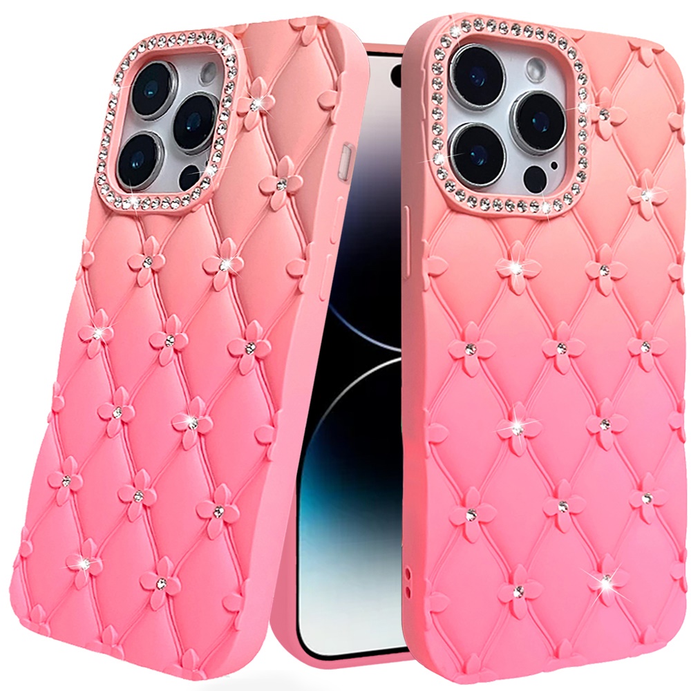 for iphone 14 pro max 6.7" floral joy glitter shimmer leather feel thick tpu case orange/pink