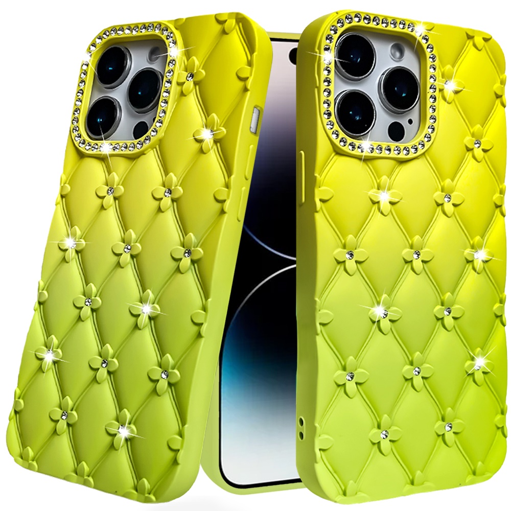 for iphone 14 pro max 6.7" floral joy glitter shimmer leather feel thick tpu case yellow/green