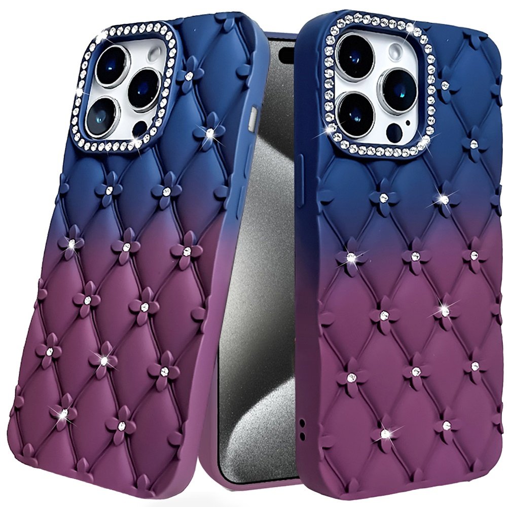for ip15 pro max floral joy glitter shimmer leather feel thick tpu case dark blue/burgundy