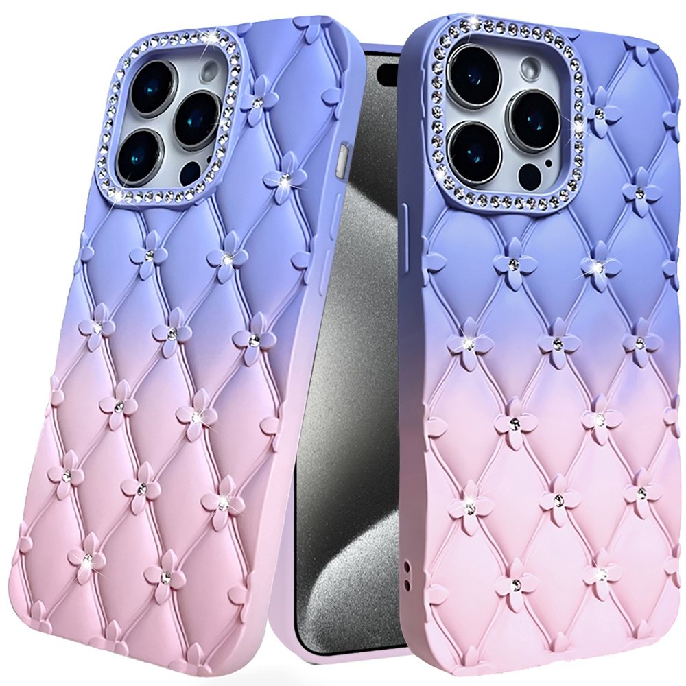 for ip15 pro max floral joy glitter shimmer leather feel thick tpu case light blue/light pink
