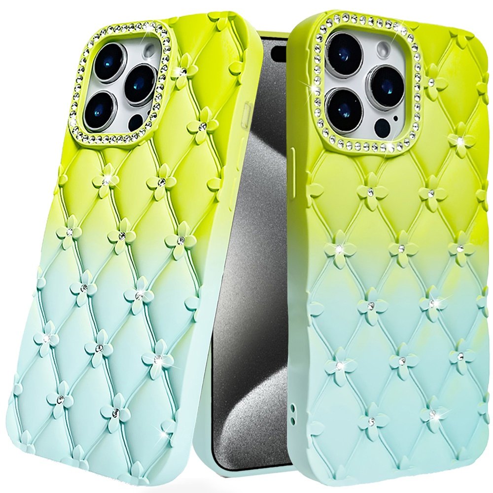 for ip15 pro max floral joy glitter shimmer leather feel thick tpu case light green/teal