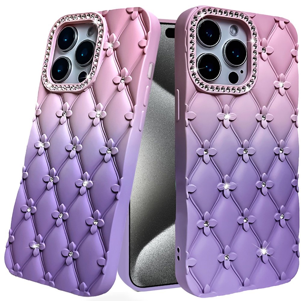 for ip15 pro max floral joy glitter shimmer leather feel thick tpu case light pink/light purple