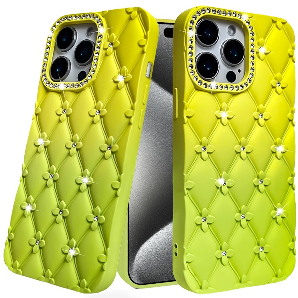 for ip15 pro max floral joy glitter shimmer leather feel thick tpu case yellow/green