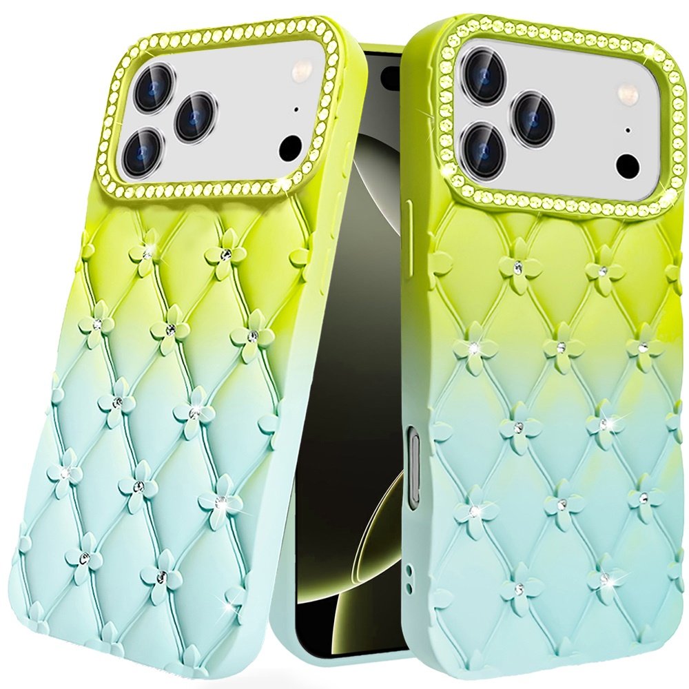 for iphone 17 pro max floral joy glitter shimmer leather feel thick tpu case light green/teal