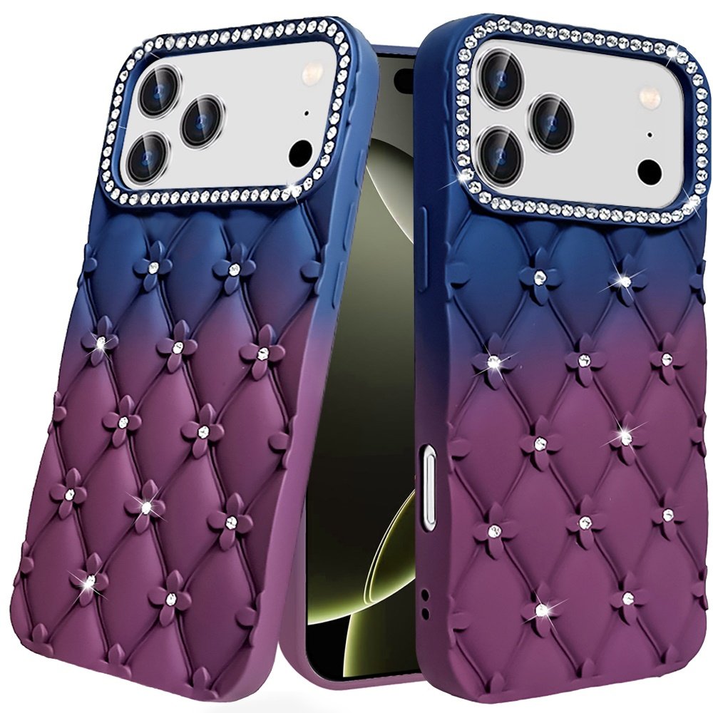 for iphone 17 pro floral joy glitter shimmer leather feel thick tpu case dark blue/burgundy