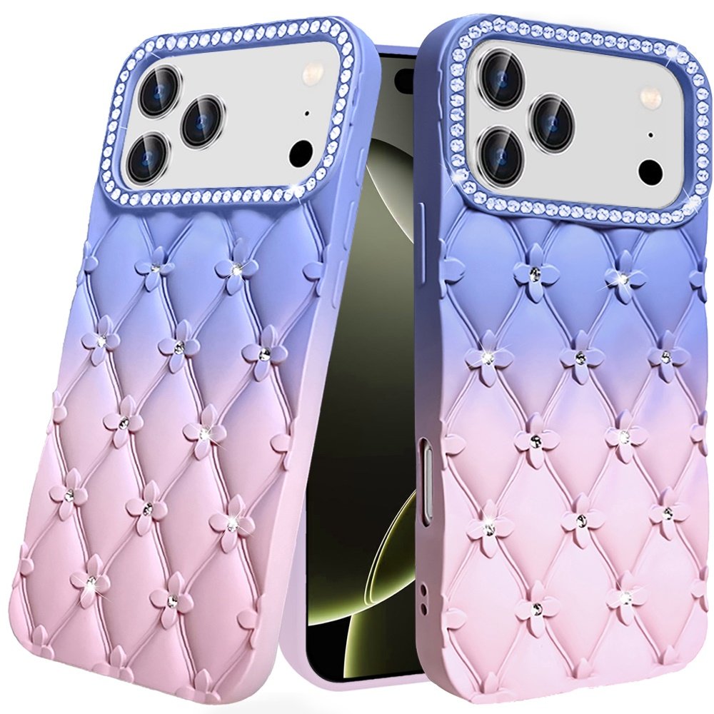 for iphone 17 pro floral joy glitter shimmer leather feel thick tpu case light blue/light pink