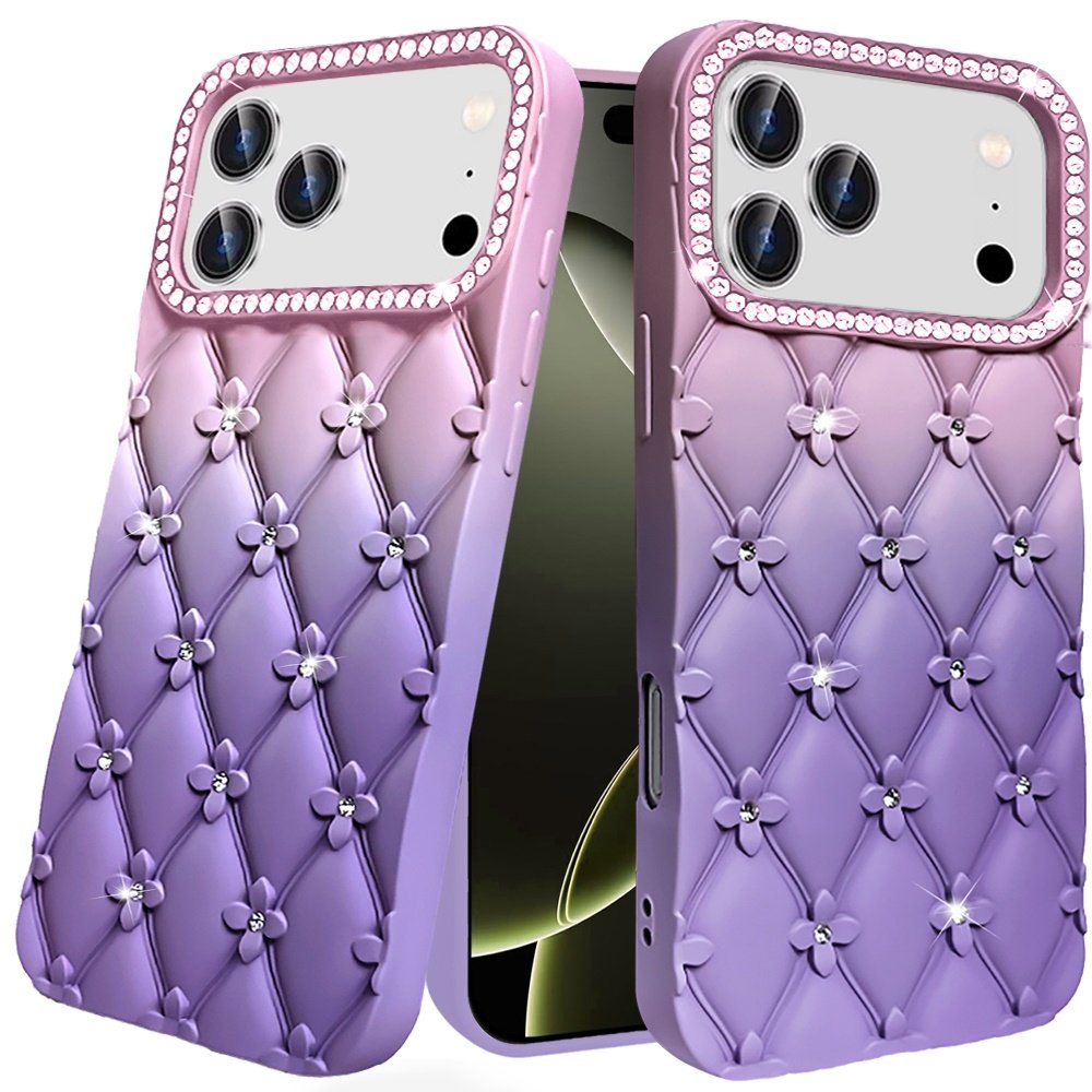 for iphone 17 pro floral joy glitter shimmer leather feel thick tpu case light pink/light purple