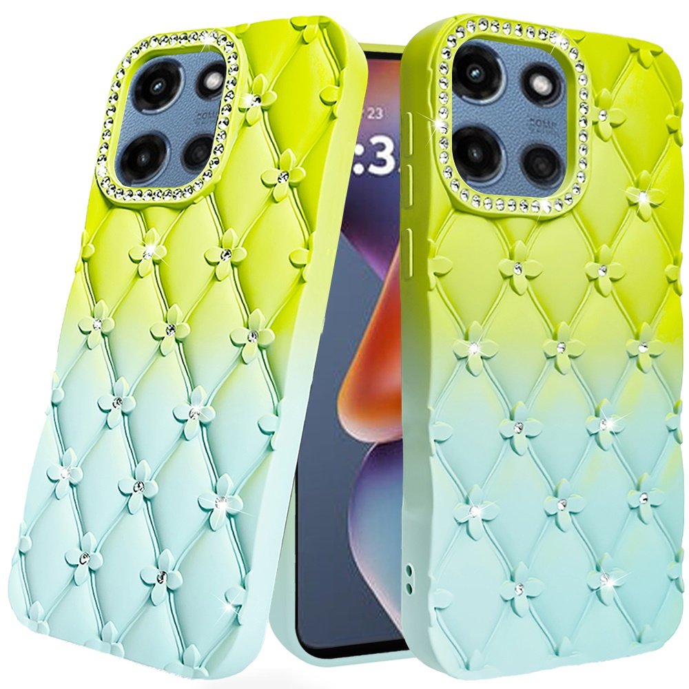for moto g 5g 2025/2026 g play 2026 floral joy glitter shimmer leather feel thick tpu case light green/teal