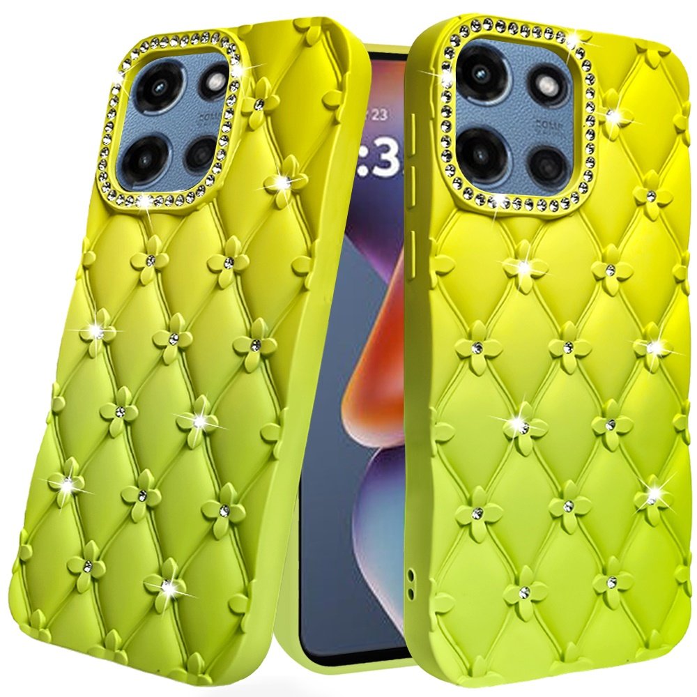 for moto g 5g 2025/2026 g play 2026 floral joy glitter shimmer leather feel thick tpu case yellow/green